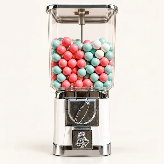 White and chrome candy machine filled with pink, mint and white gumballs
