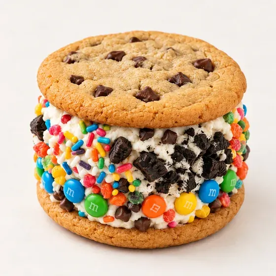 Chocolate chip cookie ice cream sandwich with colorful toppings and cookie crumbs