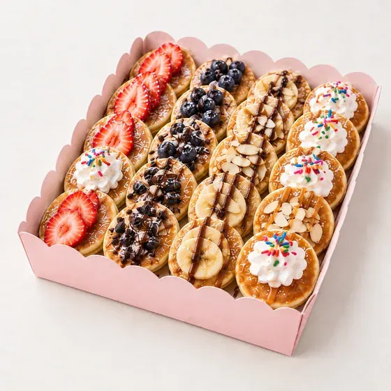 Mini pancakes in a pink tray with fruit, chocolate drizzle and whipped cream